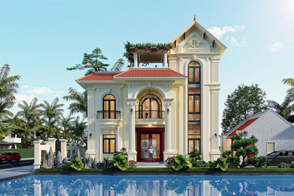 Biệt thự ngói đỏ mái Thái nổi bật với độ dốc lớn và các lớp mái cao thấp tạo vẻ bề thế cho công trình (Ảnh: Sưu tầm)
