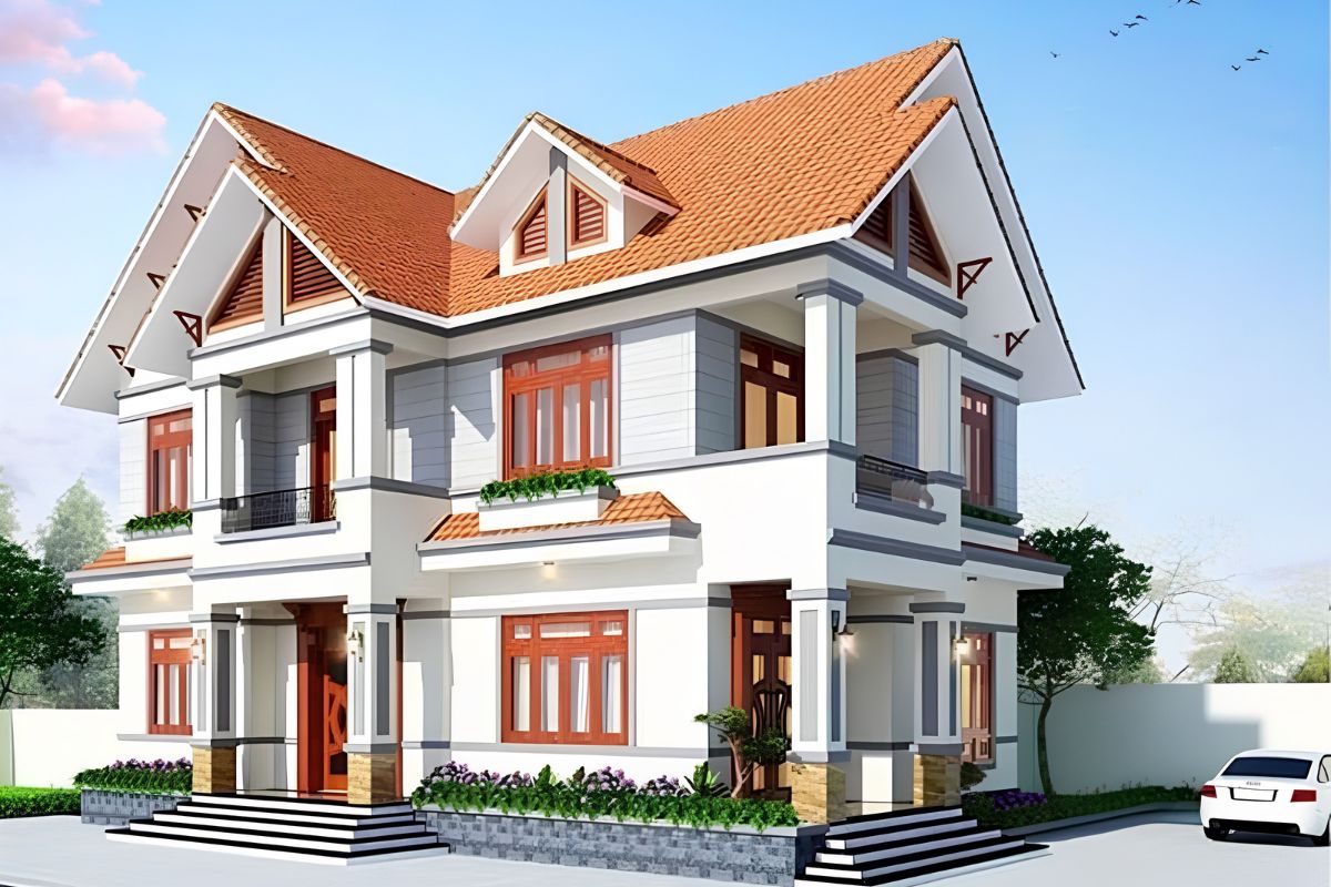 Cách chia mái hợp lý giúp mẫu biệt thự ngói đỏ 2 tầng hoặc 3 tầng cân đối hơn về tỷ lệ kiến trúc  (Ảnh: Sưu tầm)