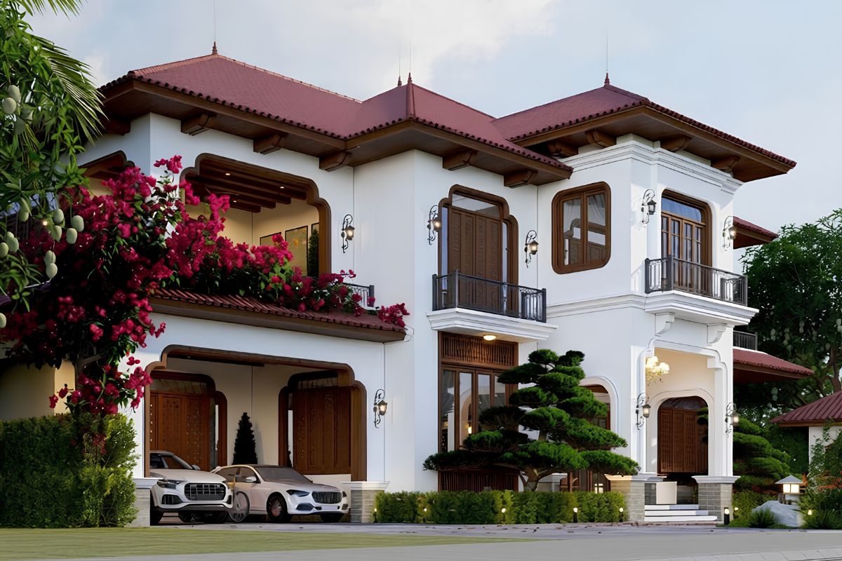 Biệt thự ngói đỏ Indochine kết hợp mái đỏ, cửa vòm, lam gỗ và gam vàng kem tạo dấu ấn Đông Dương đặc trưng  (Ảnh: Sưu tầm)