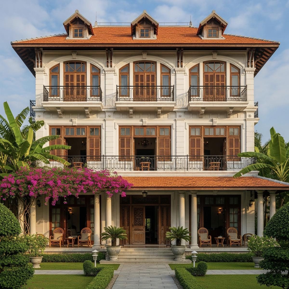 Mẫu biệt thự ngói đỏ phong cách Indochine phù hợp với gia chủ yêu nét hoài cổ nhưng vẫn đề cao sự sang trọng  (Ảnh: Sưu tầm)