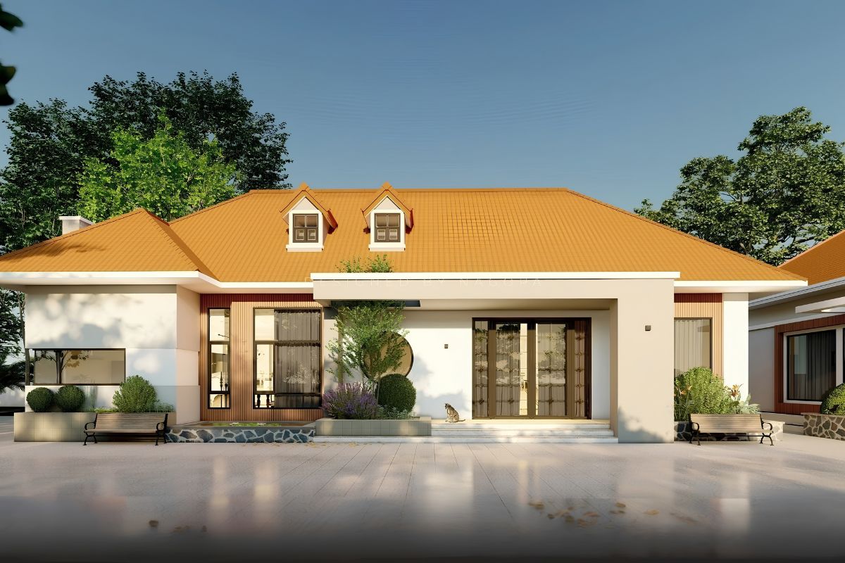 Mái đỏ kết hợp cửa kính và hình khối tối giản giúp biệt thự ngói đỏ hiện đại giữ được nét truyền thống mà không lỗi thời  (Ảnh: Sưu tầm)