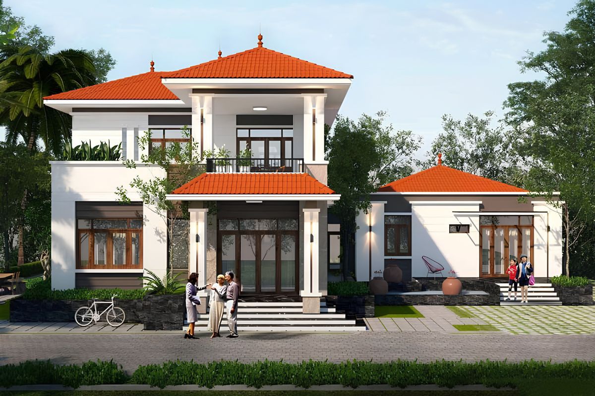 Mái đỏ giúp thiết kế biệt thự 2 tầng trở nên mềm mại, phù hợp cả phong cách hiện đại lẫn biệt thự ngói đỏ tân cổ điển  (Ảnh: Sưu tầm)