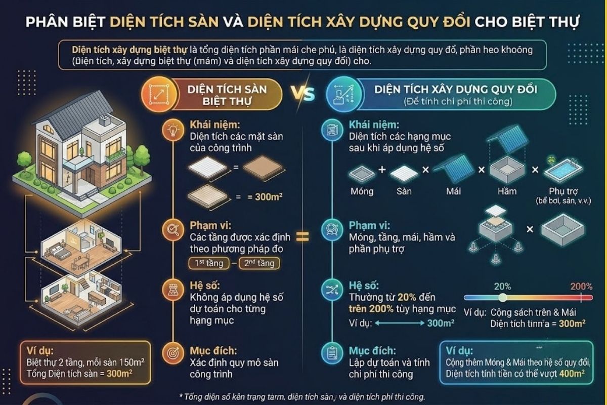 Cách tính diện tích xây dựng biệt thự theo m2 chính xác 2 Diện tích sàn phản ánh quy mô từng tầng, còn diện tích quy đổi là cơ sở dự toán thi công (Ảnh: Sưu tầm)