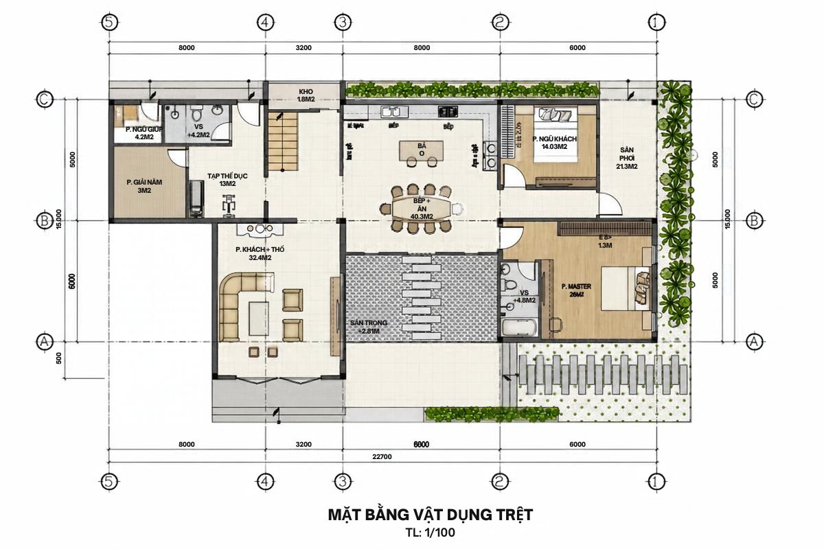 50+ Bản Vẽ Mặt Bằng Biệt Thự 2 Tầng Tối Ưu Công Năng & Phong Thủy 10 Bản vẽ tầng trệt gồm 6 phòng ngủ, tích hợp phòng tập thể dục và khu xông hơi tiện nghi (Ảnh: Sưu tầm)