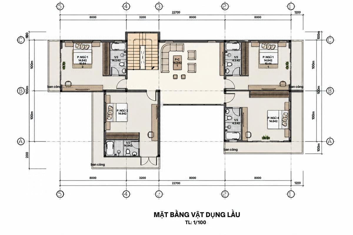 50+ Bản Vẽ Mặt Bằng Biệt Thự 2 Tầng Tối Ưu Công Năng & Phong Thủy 11 Thiết kế mặt bằng biệt thự 2 tầng chữ U bố trí bốn phòng ngủ khép kín tại tầng trên, đảm bảo sự riêng tư (Ảnh: Sưu tầm)
