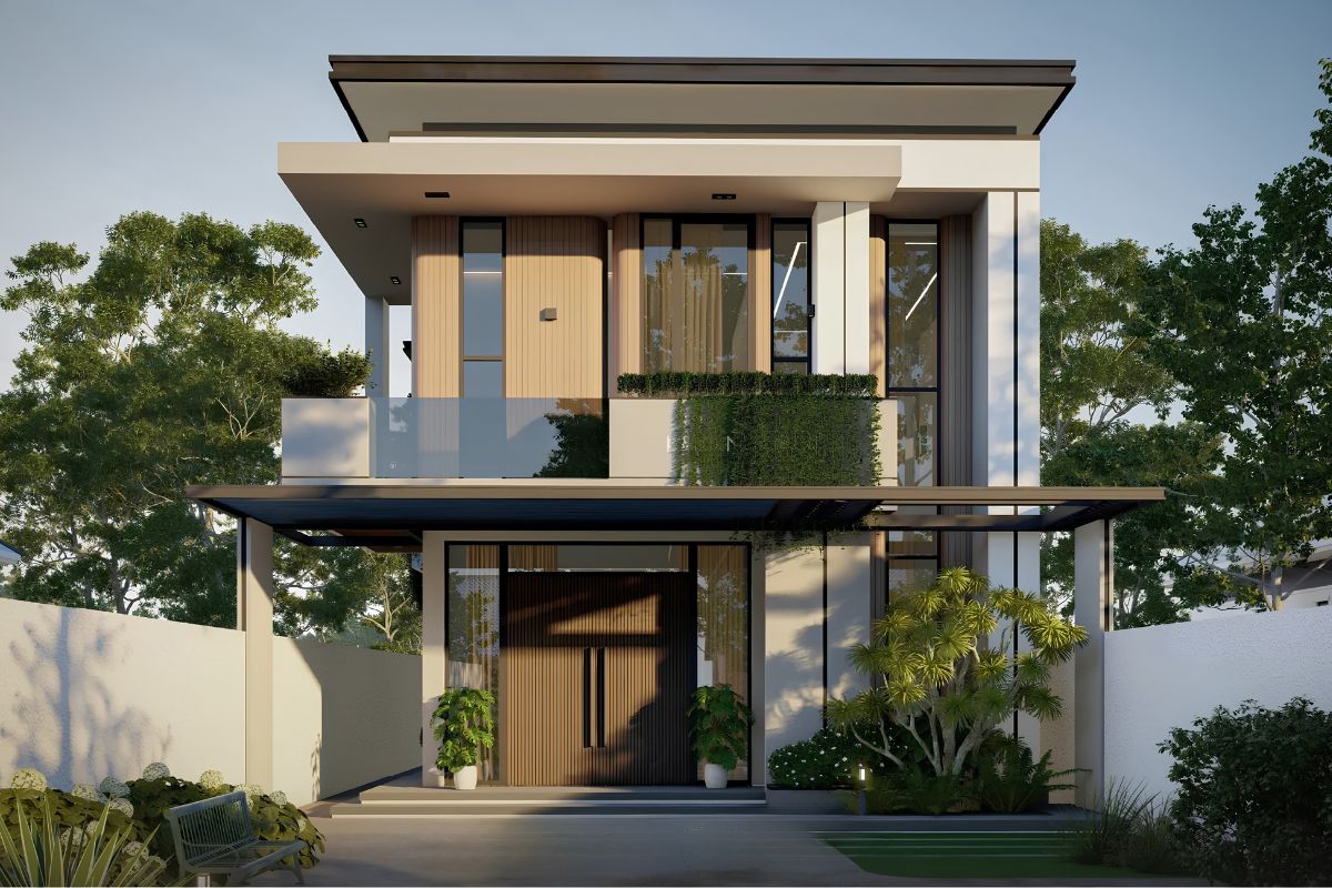 50+ Bản Vẽ Mặt Bằng Biệt Thự 2 Tầng Tối Ưu Công Năng & Phong Thủy 21 Mặt bằng biệt thự 2 tầng mái bằng hiện đại với hình khối vuông vức, không gian mở và cửa kính rộng (Ảnh: Sưu tầm)