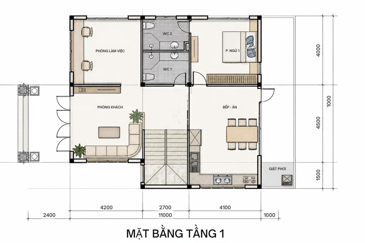 50+ Bản Vẽ Mặt Bằng Biệt Thự 2 Tầng Tối Ưu Công Năng & Phong Thủy 24 Bản vẽ mặt bằng tầng 1 biệt thự mái Thái bố trí phòng khách, bếp ăn và hai phòng ngủ dành cho gia đình nhiều thế hệ (Ảnh: Sưu tầm)