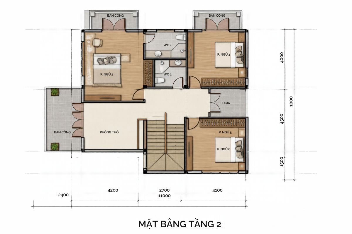 50+ Bản Vẽ Mặt Bằng Biệt Thự 2 Tầng Tối Ưu Công Năng & Phong Thủy 25 Mặt bằng tầng 2 biệt thự mái Thái kết hợp phòng ngủ master, hai phòng ngủ phụ, phòng thờ và ban công (Ảnh: Sưu tầm)