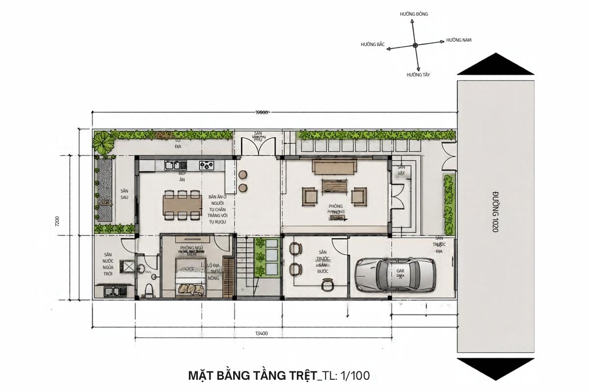 50+ Bản Vẽ Mặt Bằng Biệt Thự 2 Tầng Tối Ưu Công Năng & Phong Thủy 27 Bản vẽ mặt bằng tầng trệt biệt thự 2 tầng 1 tum bố trí gara, phòng khách, bếp ăn và phòng ngủ ông bà (Ảnh: Sưu tầm)