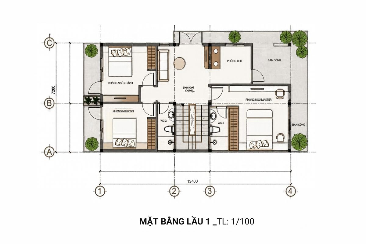 50+ Bản Vẽ Mặt Bằng Biệt Thự 2 Tầng Tối Ưu Công Năng & Phong Thủy 28 Thiết kế mặt bằng biệt thự 2 tầng 1 tum với ba phòng ngủ tầng hai (Ảnh: Sưu tầm)