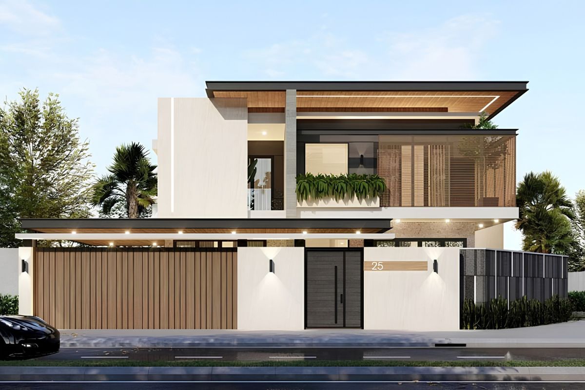 50+ Bản Vẽ Mặt Bằng Biệt Thự 2 Tầng Tối Ưu Công Năng & Phong Thủy 32 Mặt bằng biệt thự hiện đại 2 tầng 300m2 với kiến trúc cân đối, kết hợp kính, đá và các khoảng xanh (Ảnh: Sưu tầm)