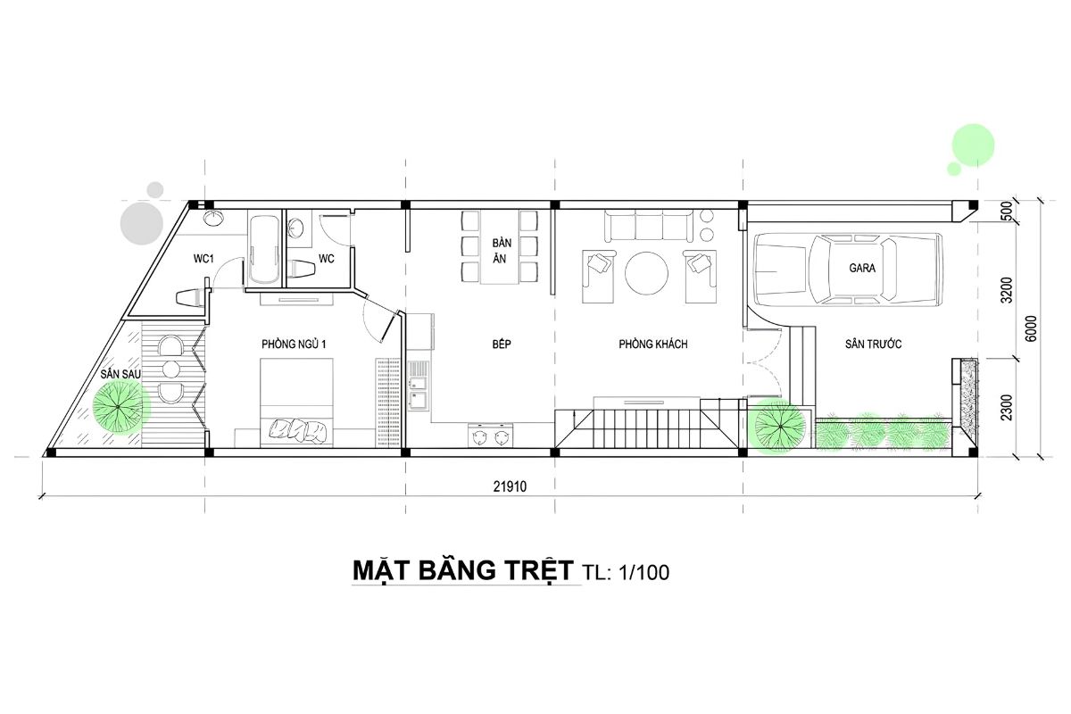 50+ Bản Vẽ Mặt Bằng Biệt Thự 2 Tầng Tối Ưu Công Năng & Phong Thủy 36 Bản vẽ mặt bằng tầng trệt biệt thự có gara bố trí phòng khách, bếp ăn và phòng ngủ khép kín (Ảnh: Sưu tầm)