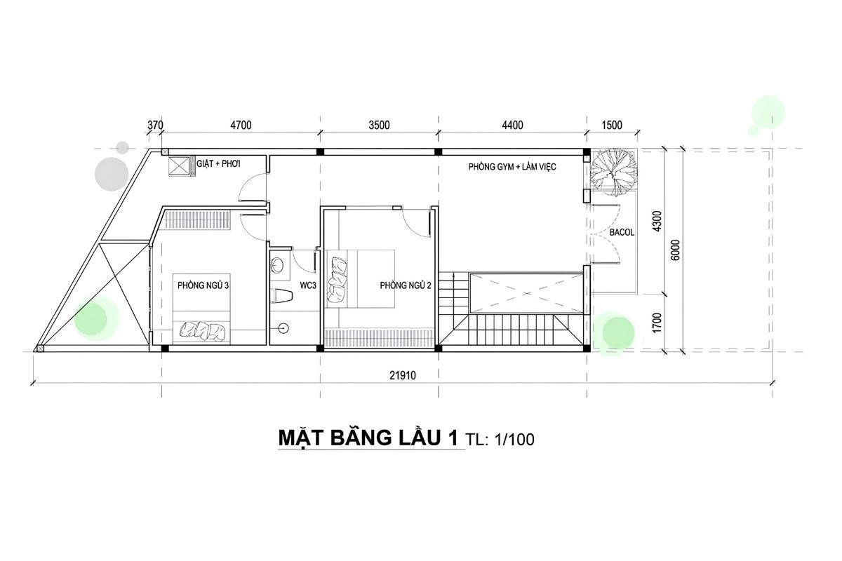 50+ Bản Vẽ Mặt Bằng Biệt Thự 2 Tầng Tối Ưu Công Năng & Phong Thủy 37 Thiết kế mặt bằng biệt thự 2 tầng có gara với phòng ngủ tầng trên, khu làm việc, phòng gym và sân phơi (Ảnh: Sưu tầm)