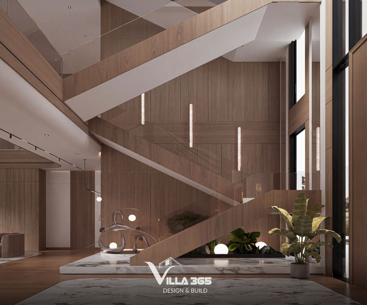 Thiết kế nội thất Mỹ Villa: Chạm vào an yên 6 Những mảng tường ốp gỗ nâu trầm là sự đối lập tinh tế với những mảng tường trắng trơn